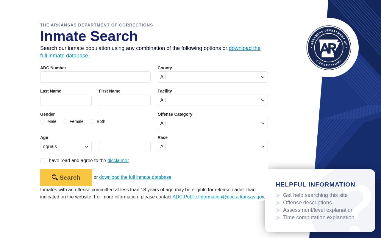 Arkansas Department of Corrections inmate search interface