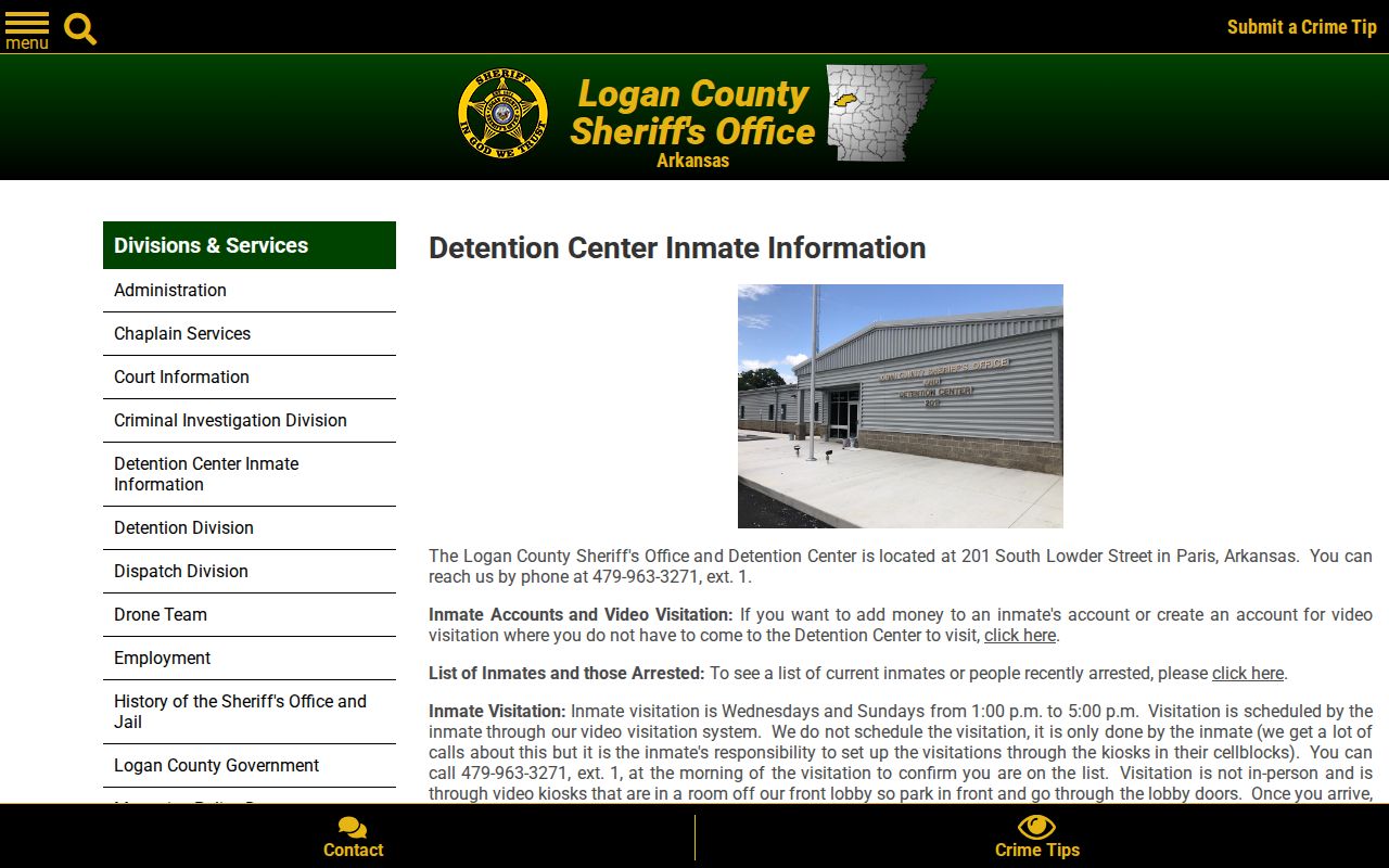 Logan County Sheriff's Office detention center inmate information webpage